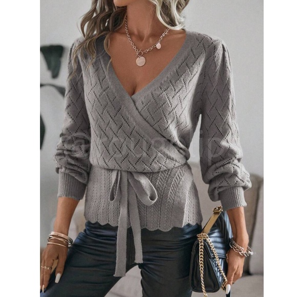 Gray Wrap Cardigan Long Lantern Sleeve Ties - Picture 2 of 8
